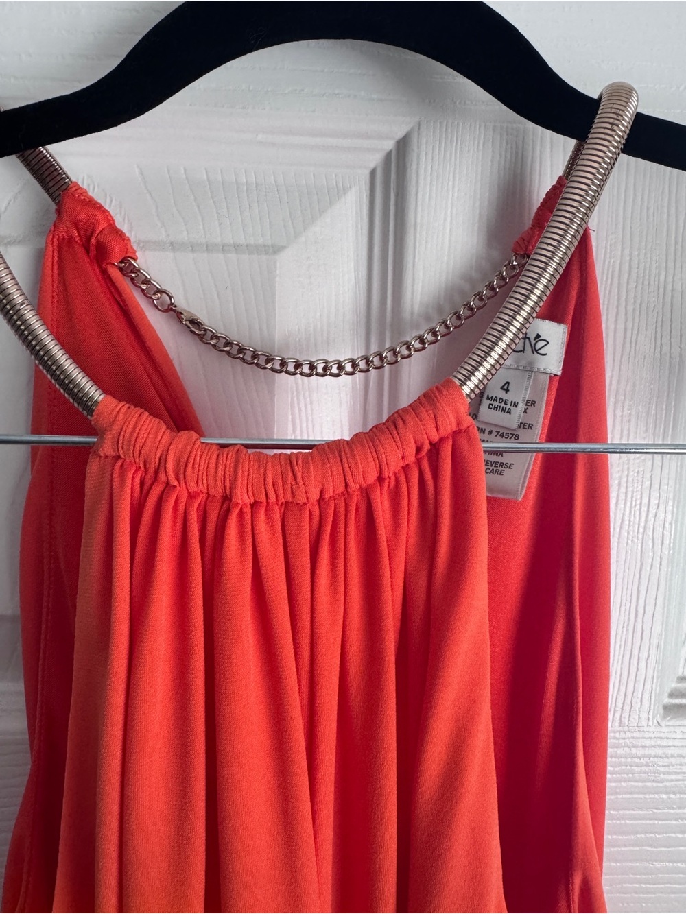 Cache Coral Orange Halter Dress Size 4 Gold Chain Neck Tiered Ruffle Cocktail - Picture 6 of 16